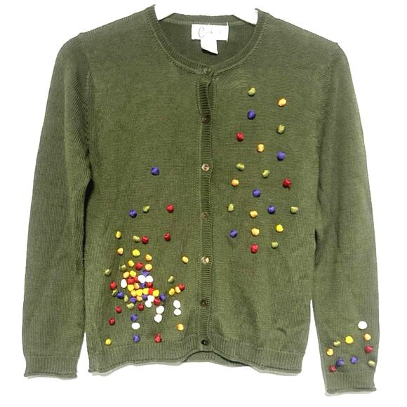 Carducci VTG Green Embellished Cardigan Sweater Medium Teacher Holiday Christmas - Picture 2 of 5